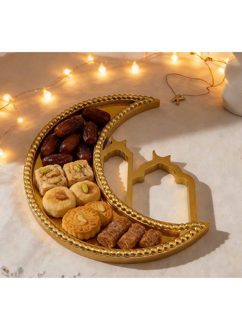 صينية تقديم هلال رمضان - صينية طعام مزخرفة على شكل هلال من المعدن الذهبي العاكس، مناسبة لعيد مبارك، وديكور رمضان، وأطباق المقبلات والوجبات الخفيفة والحلويات لحفلات المنزل (النوع 2) - Image 2